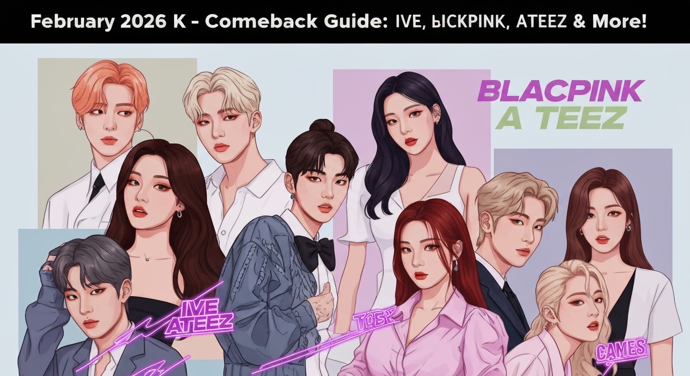 Hero image for article: February 2026 K-Pop Comeback Guide: IVE, BLACKPINK, ATEEZ & More!